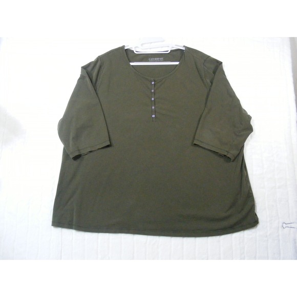 Catherines Tops - Catherines Henley Top Women 3X Olive Green Excellent 3/4 Sleeve Suprema Knit